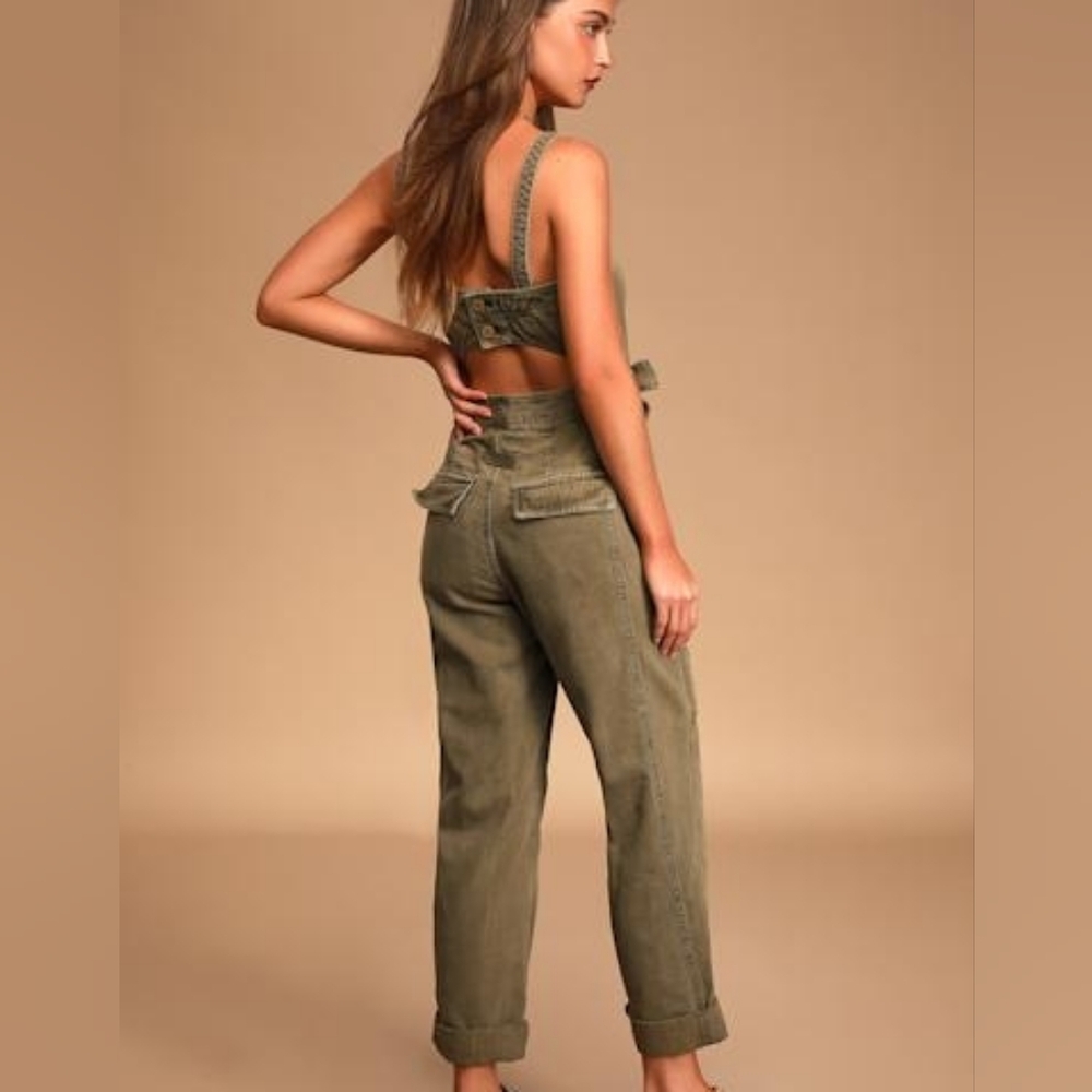 Free People Olive Green Utility Jumpsuit with Strappy Back